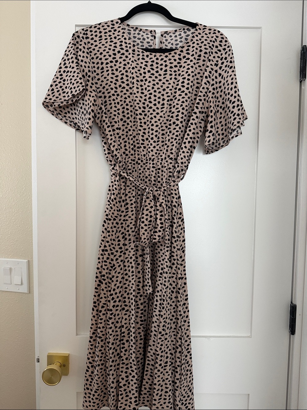 Beige and Black Printed Tie-Waist Midi Dress